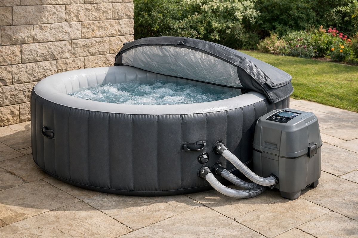 A large inflatable jacuzzi set up on a flat patio in a garden, with a rigid-looking wall section, a fitted insulated cover partly open, a control pump unit attached on the side, and visible hoses leading to the water outlet area