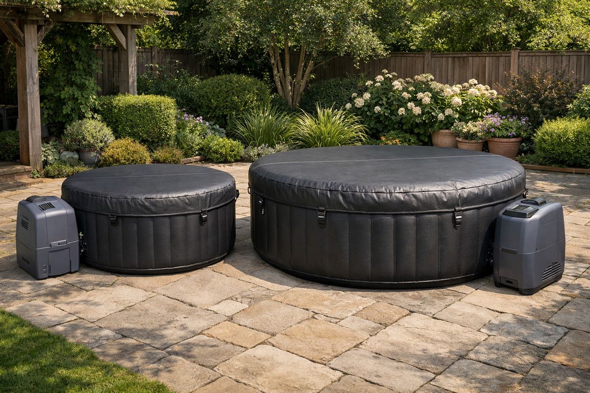 Twee opblaasbare jacuzzi’s in een tuin naast elkaar geplaatst: een compact ronde spa voor vier personen en een grotere, luxer ogende spa voor zes personen, beide met afdekking erop en de pompunit ernaast op het terras