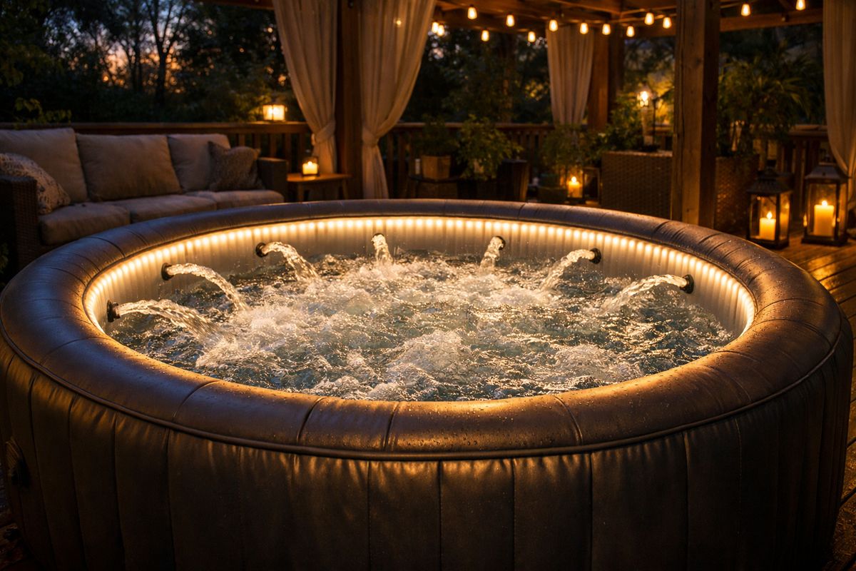 Een opblaasbare jacuzzi op een beschutte veranda in de avond, met helder blauw of warm wit LED-licht langs de rand, zichtbaar bruisend water door de bubbels en meerdere waterjets die kleine stralen en rimpelingen in het water maken