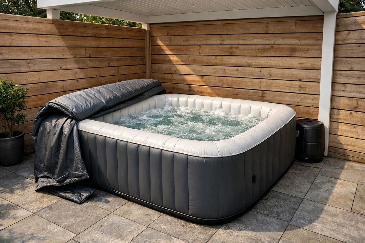 Een vierkante opblaasbare jacuzzi op een betegeld terras naast een houten schutting, met de spa strak in een hoek geplaatst onder een lichte overkapping, warm water met bubbels zichtbaar aan de bovenrand en een afdekzeil half open gevouwen naast de rand