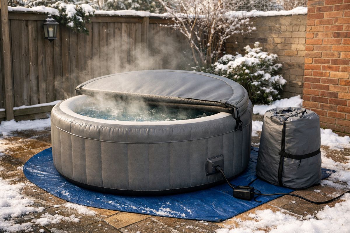 Een opblaasbare jacuzzi in een beschutte achtertuin op een koude winterdag, met warme damp boven het water, een stevig sluitend deksel half over het bad, een grondzeil eronder en een schutting of muur die de wind deels tegenhoudt; naast het bad staat een opgerolde afdekhoes en is de stroomkabel veilig aangesloten.