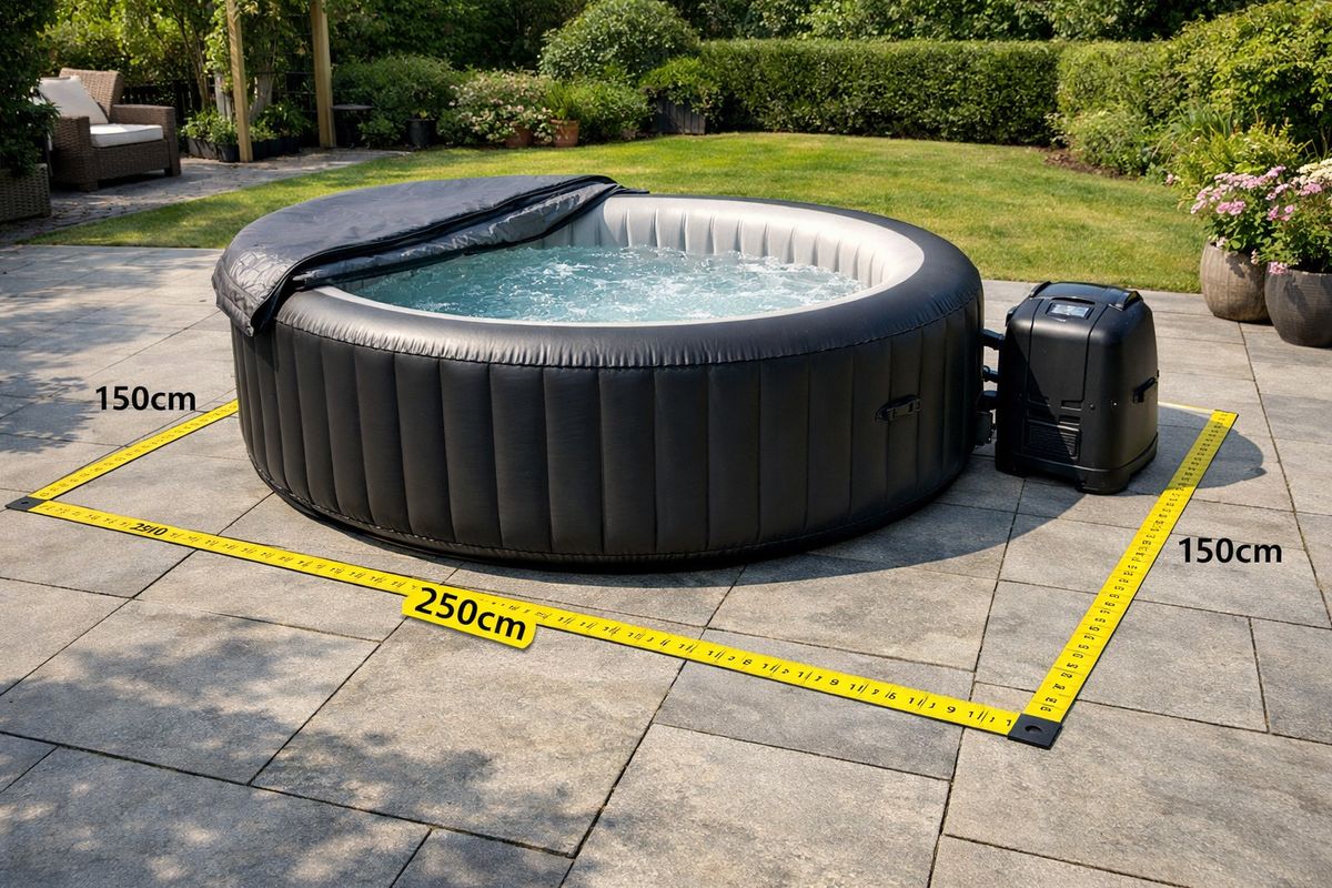 Een grote opblaasbare jacuzzi op een vlak terras in een tuin, met ruime vrije loopruimte eromheen, de afdekking half opzij gelegd, een losse pompunit naast de kuip en een meetlint op de bestrating om de buitenmaat en benodigde ruimte rondom te laten zien.