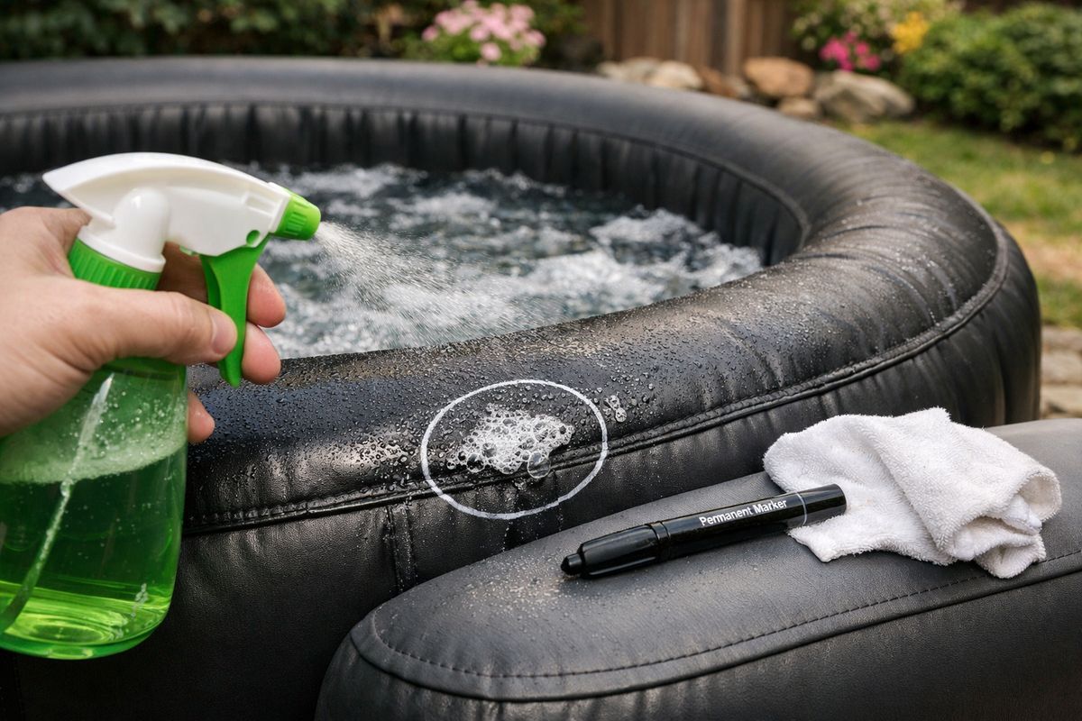 Een opblaasbare jacuzzi in een tuin, met het oppervlak licht opgeblazen terwijl er met een plantenspuit zeepsop op de vinylwand wordt gesproeid; kleine belletjes vormen zich op een gemarkeerd lekvlak nabij een naad, met een watervaste marker en doekje naast de spa op de rand.