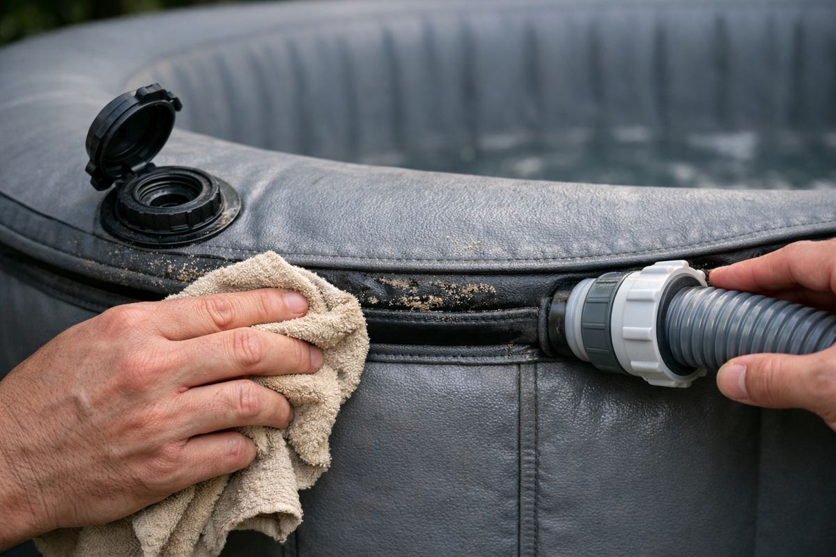 A close-up of an inflated outdoor jacuzzi edge with the ventielkap open, a hand wiping sand and dirt from the rubber seal with a soft dry cloth, and the pump hose connection being checked for a straight fit beside the spa wall.