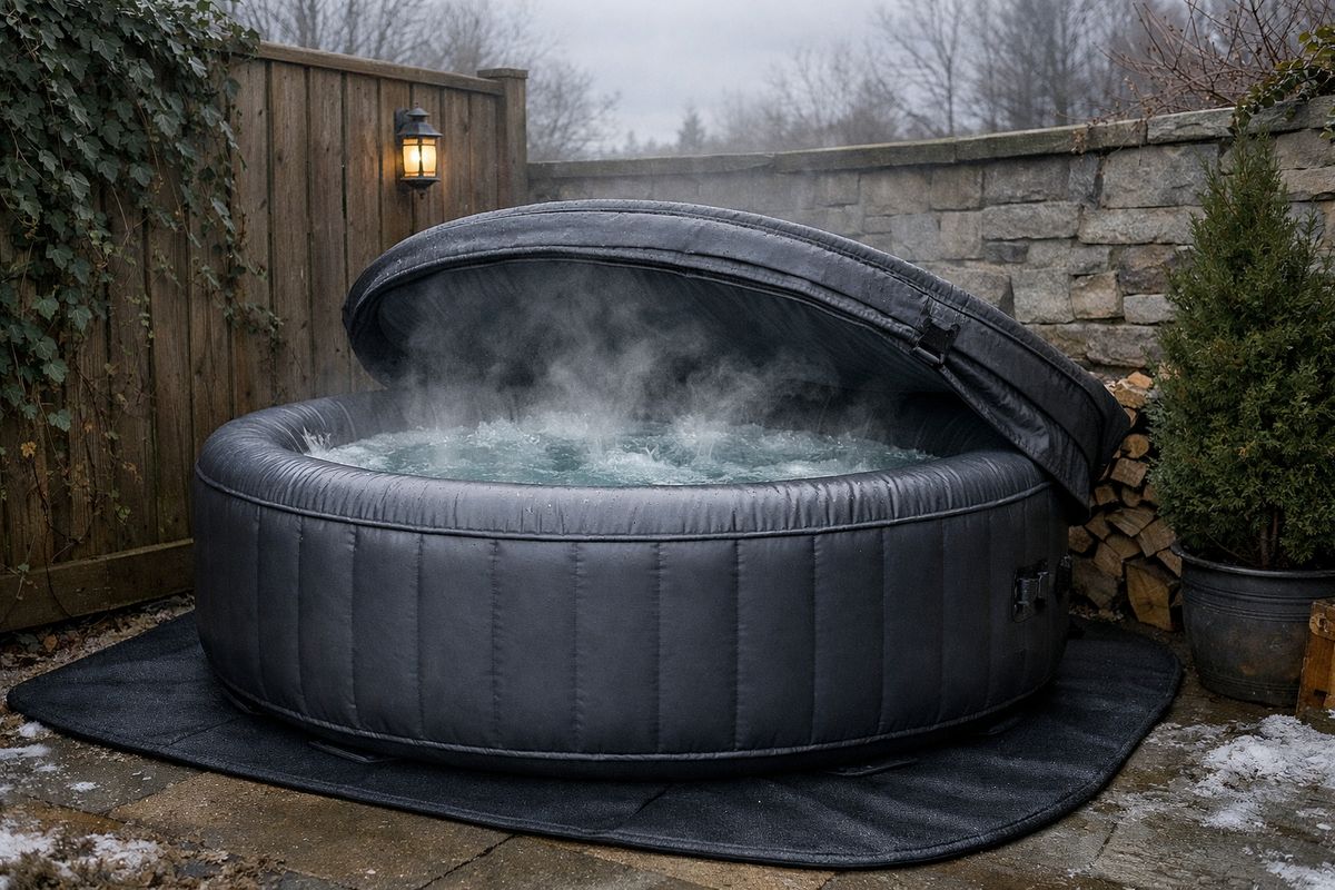 Een opblaasbare jacuzzi in een beschutte tuinhoek, met een stevige geïsoleerde cover erop, een ondermat onder de kuip en dampend water zichtbaar wanneer de cover half wordt opgetild, terwijl de buitenlucht koud en grijs oogt