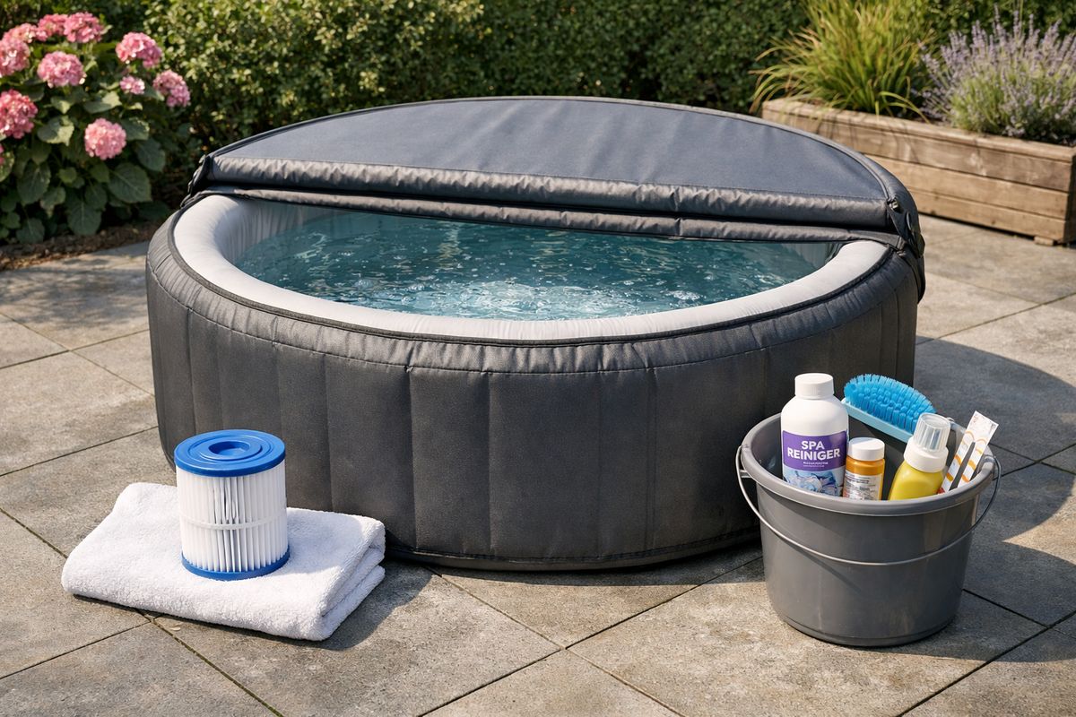 Een opblaasbare jacuzzi in een tuin op een vlakke tegelondergrond, met de cover half gesloten, een net wateroppervlak, een filtercartridge naast de spa op een schoon doekje, en een emmer met onderhoudsbenodigdheden zoals teststrips, een zachte borstel en een fles spa-reiniger.