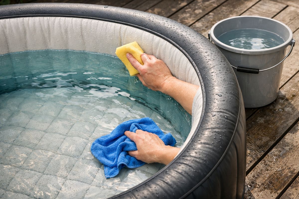 Een opblaasbare jacuzzi met een zichtbare waterlijn waar een zachte spons en microvezeldoek de binnenwand en bodem afnemen, met een emmer schoon water ernaast en de bubbelfunctie uitgeschakeld