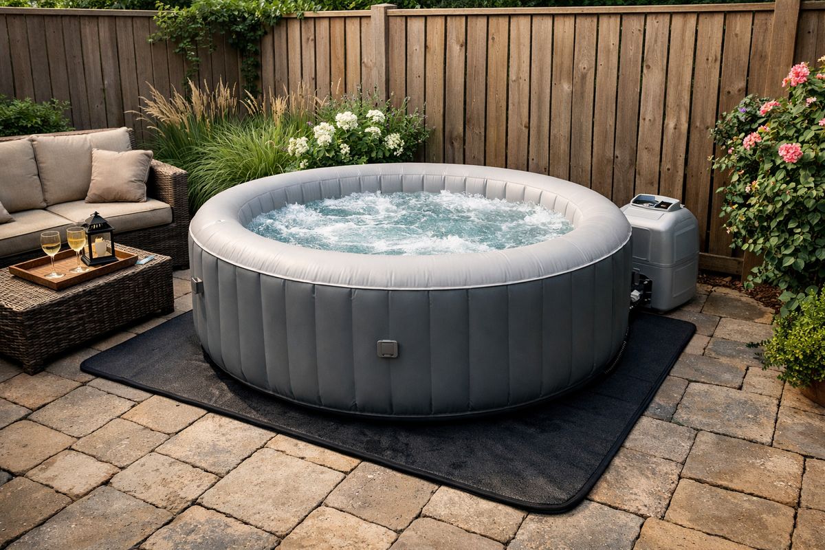 A compact backyard patio with an inflatable hot tub placed close to a fence and garden set, with just enough walking space around it, showing how the tub fills the area and sits on a flat paved surface with a ground mat underneath.