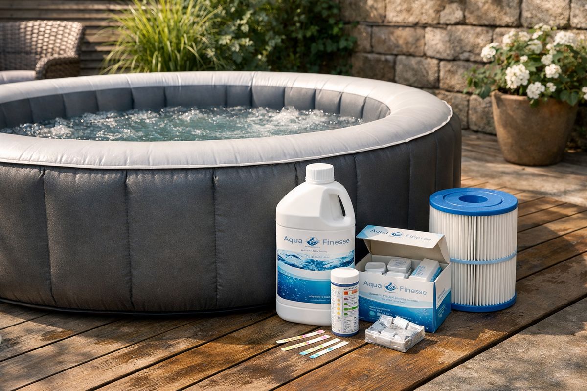 Een compacte opblaasbare spa in een tuin of op terras, met ernaast een verzorgingsset voor wateronderhoud: een fles AquaFinesse, een klein doosje reinigingsproducten, teststrips en een filterelement naast de kuip, alsof de eigenaar de complete onderhoudsoplossing net heeft uitgepakt.