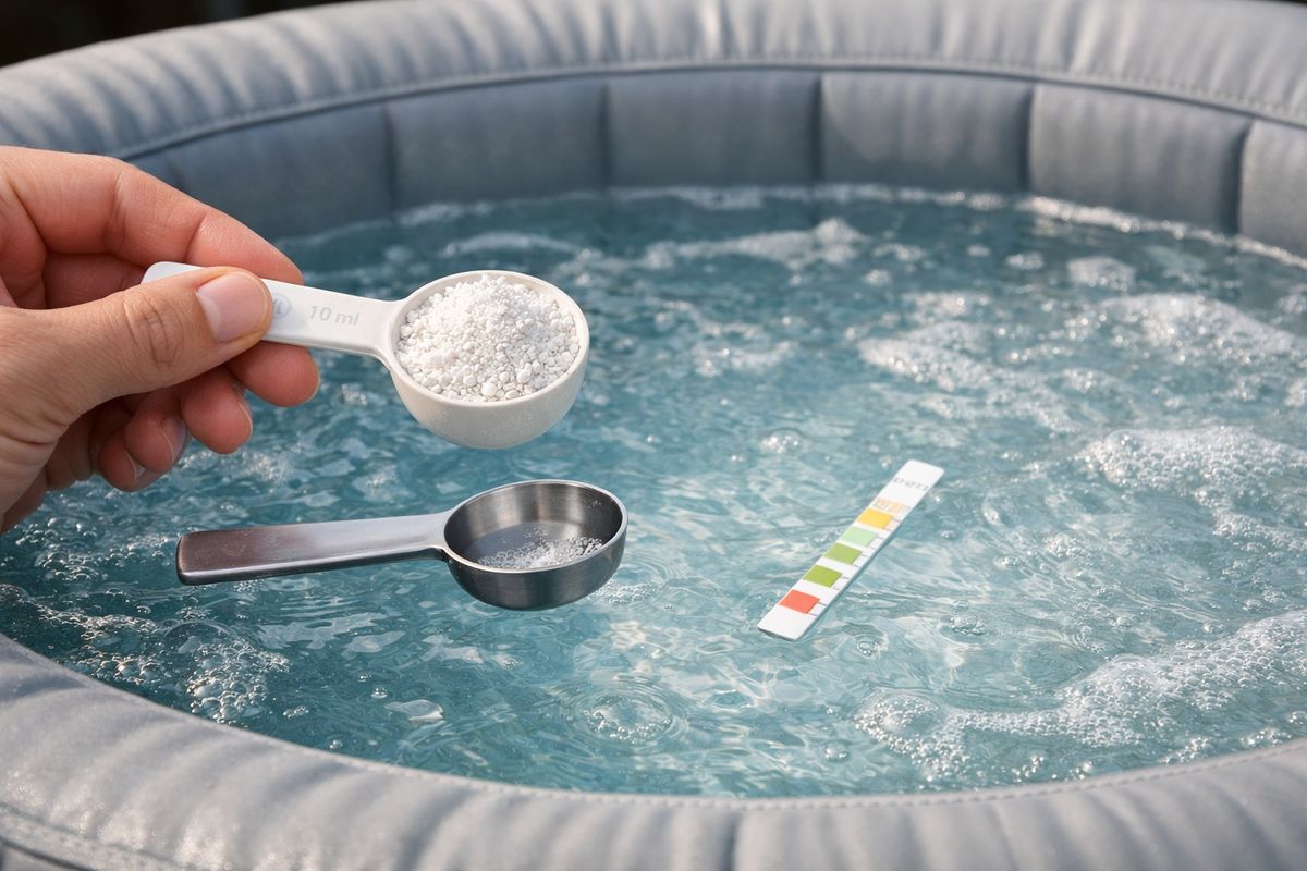 A close-up of a small inflatable jacuzzi filled with clear warm water, with a hand holding a small scoop of white chloorgranulaat above a measuring spoon and a test strip floating nearby on the water surface, showing a practical dosing setup for a compact spa.