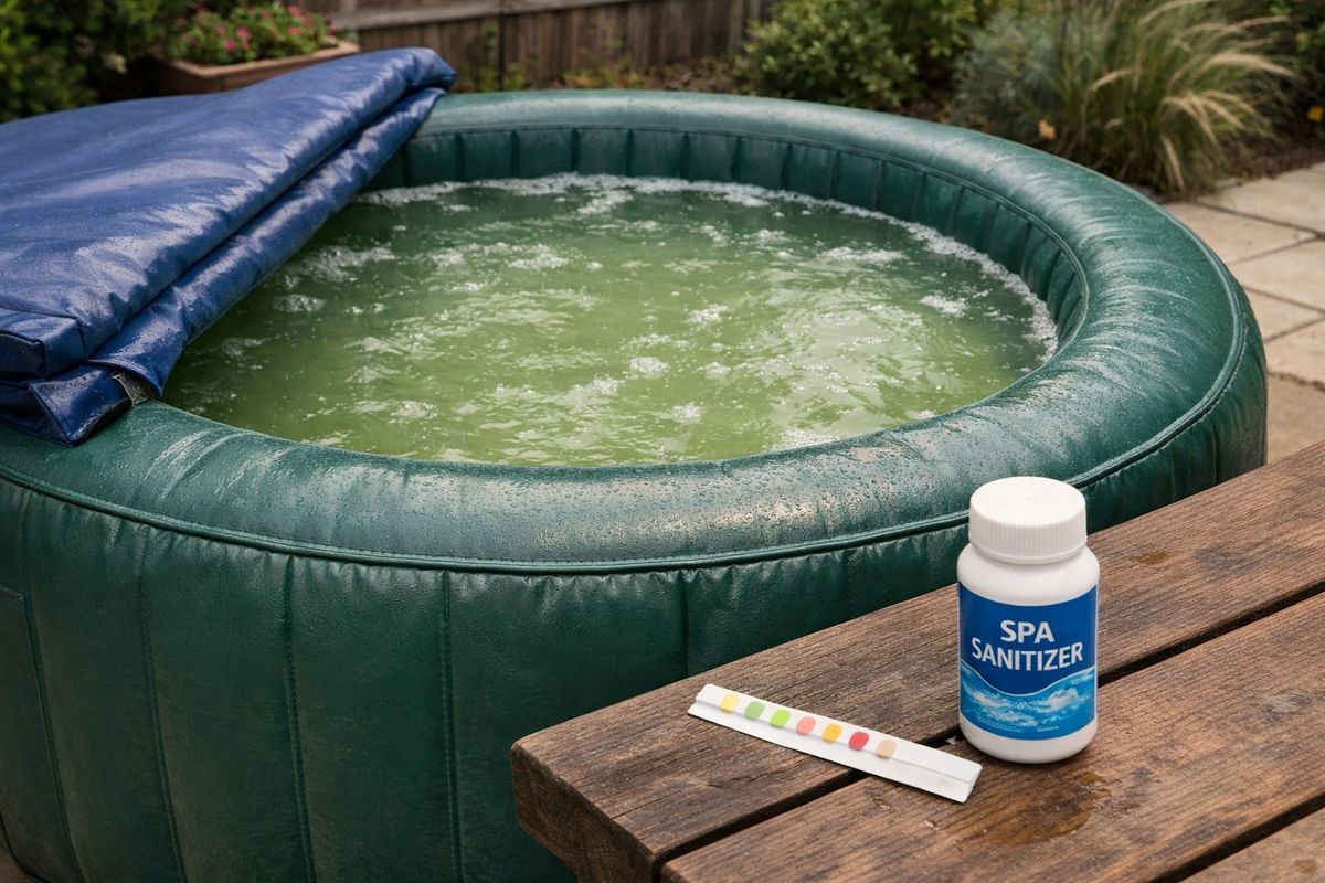 A green inflatable spa sitting outdoors in a backyard, with cloudy green water visible through the top opening, the blue cover folded back on one side, and a water test strip and small bottle of spa sanitizer placed on the nearby deck.