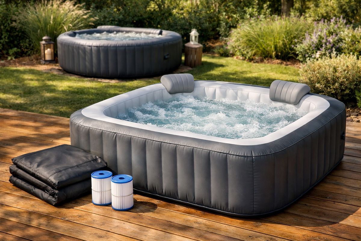 Een opblaasbare vierkante jacuzzi op een houten terras met bubbels aan en twee opblaasbare hoofdsteunen op de rand, naast de spa liggen een afdekzeil en filtercartridges, en in de achtergrond staat een compacte ronde opblaasbare jacuzzi in een tuinsetting