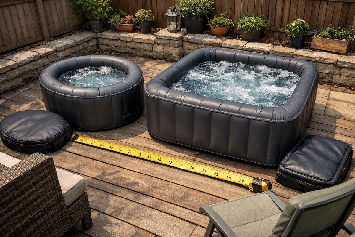 A backyard patio with two inflatable hot tubs side by side: a compact round two-person model and a larger square four-to-six-person model, both filled with water and covered by nearby folded lids, with a tape measure and garden chairs showing the limited space around them.