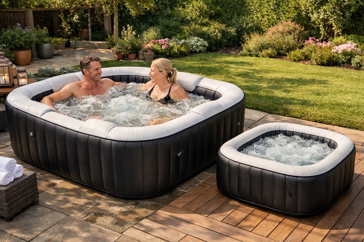Een opblaasbare vierkante jacuzzi in een tuin, met vier ingebouwde zitplekken, zachte bubbels in het water en twee volwassenen die ruim genoeg zitten met extra lege ruimte om de binnenrand zichtbaar te maken, naast een iets kleiner model op een terras om het verschil in formaat te tonen