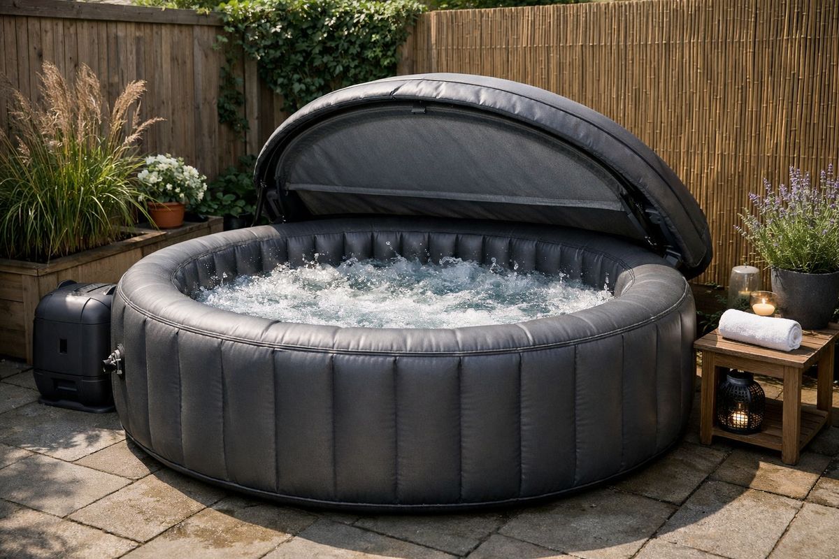 Een compacte opblaasbare jacuzzi in een kleine achtertuin op een vlak terras, met het deksel half open zodat de zachte opblaasbare wanden, de bubbeljets en de beperkte ruimte rondom goed zichtbaar zijn
