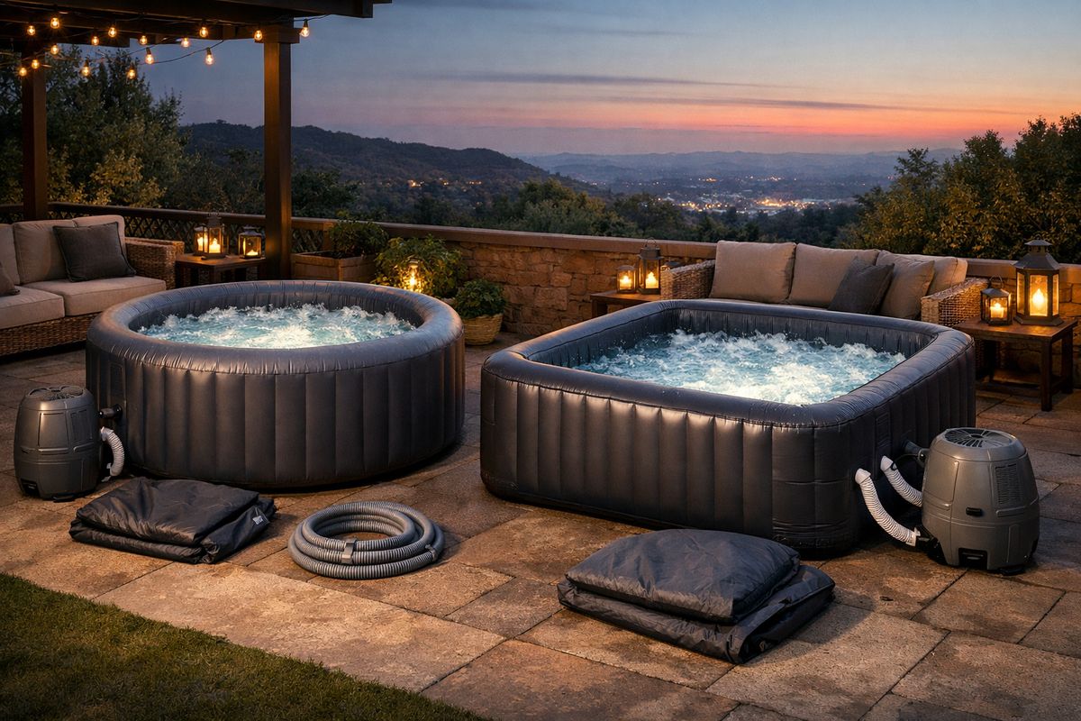 Two inflatable backyard jacuzzis set up side by side on a terrace at dusk, one with a more familiar rounded shape and the other with a larger, more spacious square design, both surrounded by a pump unit, coiled hoses, a cover, and garden seating