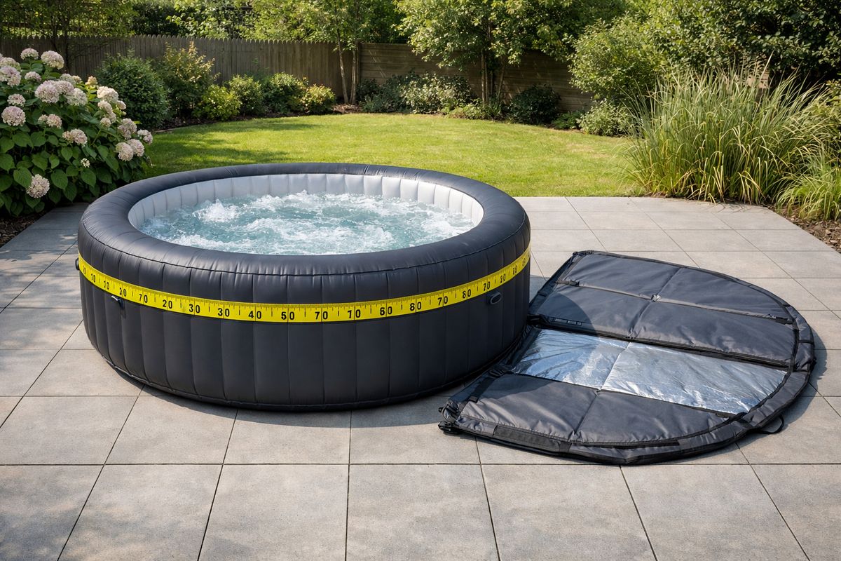 Een opblaasbare jacuzzi in een achtertuin op een vlak betegeld terras, met meetlint langs de buitenrand, een opengevouwen cover naast het bad en genoeg vrije ruimte rondom voor instappen en onderhoud
