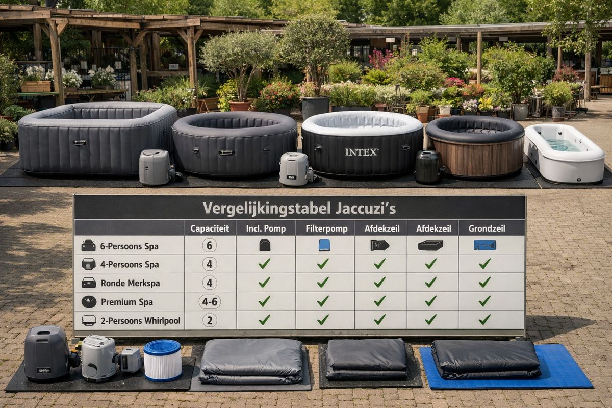 Een overzichtelijke vergelijkingstafel in een tuinwinkel setting met vijf opblaasbare jacuzzi's ernaast geplaatst: een ruime vierkante 6-persoons spa, een compactere 4-persoons spa, een ronde merkspa, een afgewerkte premium ogende spa en een smalle tweepersoons whirlpool. Naast de modellen liggen accessoires zoals een pomp, filterpomp, afdekzeil en grondzeil netjes uitgespreid om de verschillen in meegeleverde onderdelen te tonen.