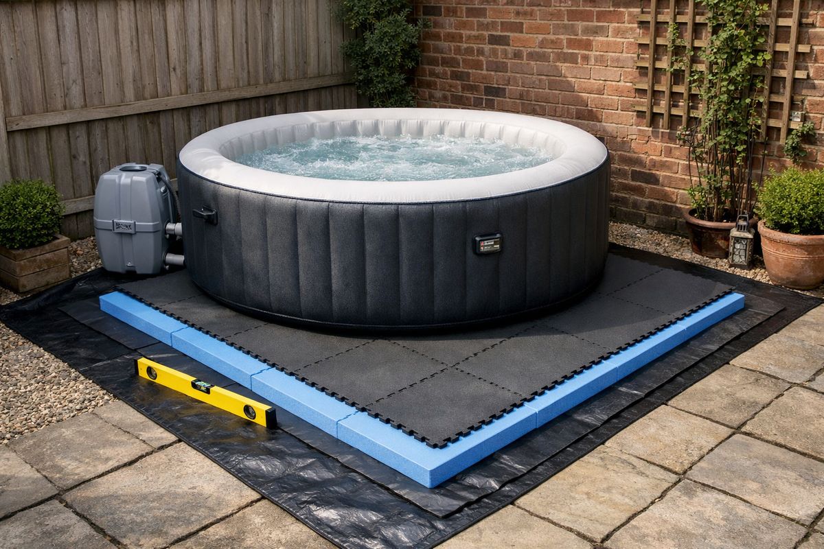 Een opblaasbare jacuzzi die op een vlakke tuinplek staat, met daaronder een laag grondzeil, dikke XPS-isolatieplaten en foamtegels, naast een waterpas en een droge, beschutte hoek van de tuin met stenen of tegels rondom.