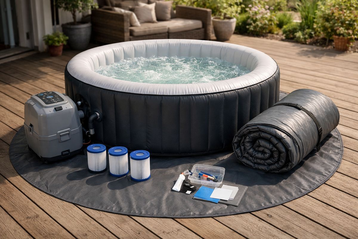 Een complete opblaasbare jacuzzi set uitgepakt op een terras, met de spa zelf, een pompunit, een opgerolde cover, meerdere filtercartridges, een grondzeil en een kleine reparatieset naast elkaar gelegd