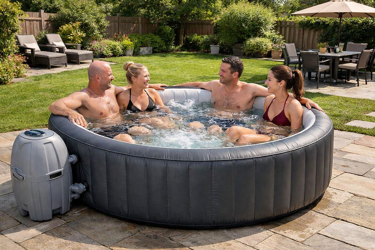 A spacious round inflatable spa in a backyard, filled with several adults seated comfortably around the edge, with plenty of open legroom, the pump unit connected beside it, and a clean garden setting emphasizing room for group use