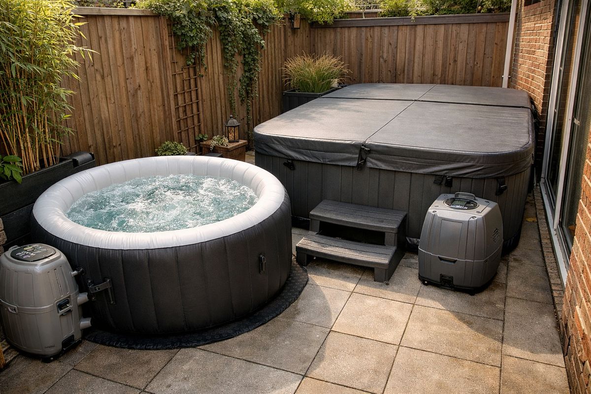 Een compacte achtertuin met een opblaasbare jacuzzi die op een terras staat, waarbij rondom de spa nog net loopruimte zichtbaar is, naast een grotere spa-setup die bijna de hele beschikbare vloer inneemt met afdekking, pompunit en smalle doorgang eromheen