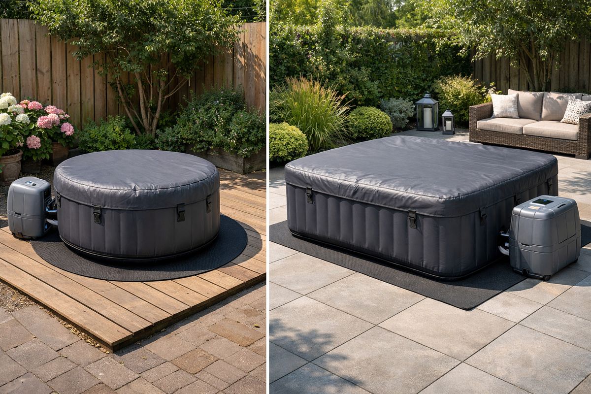 Twee opblaasbare jacuzzi’s naast elkaar in een tuin: links een compact rond model voor twee personen op een klein terras, rechts een groter vierkant model voor meerdere personen op een ruime patio, beide met afdekzeil, pompunit en een nette ondergrond eronder