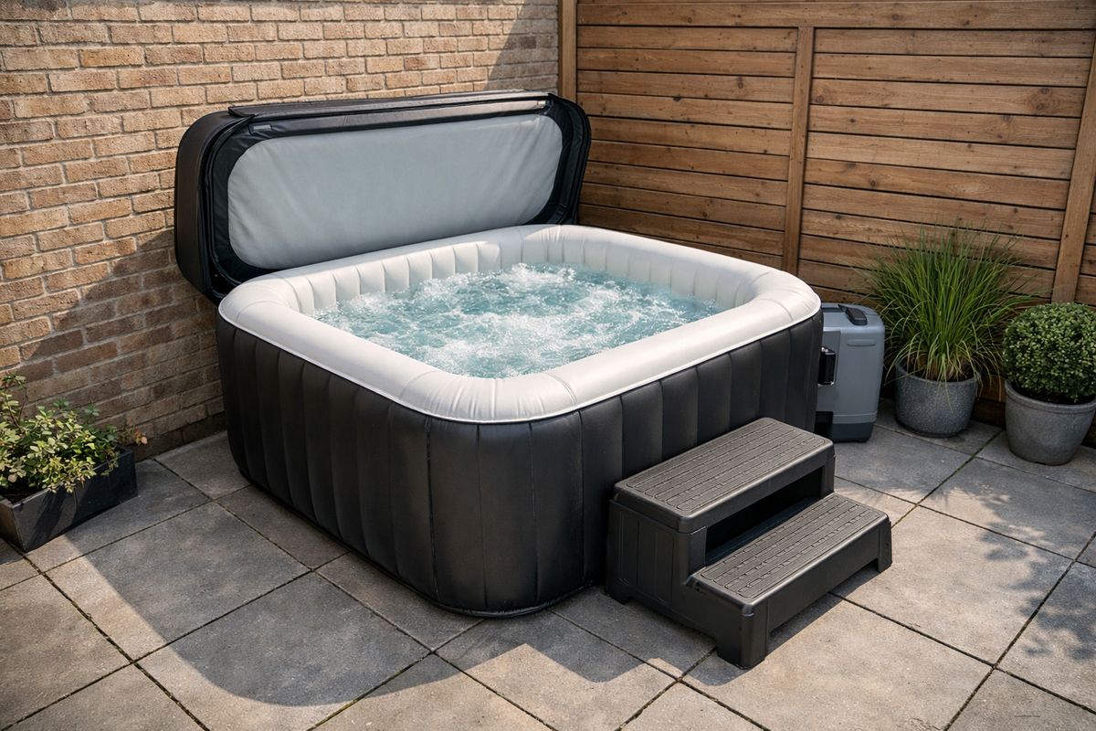 Een compacte vierkante opblaasbare jacuzzi die efficiënt in een kleine achtertuin is geplaatst, dicht tegen een muur en schutting aan, met nog duidelijk loopruimte eromheen, een geopende dekselrand en een opstapje naast de spa op een strak gelegd terras