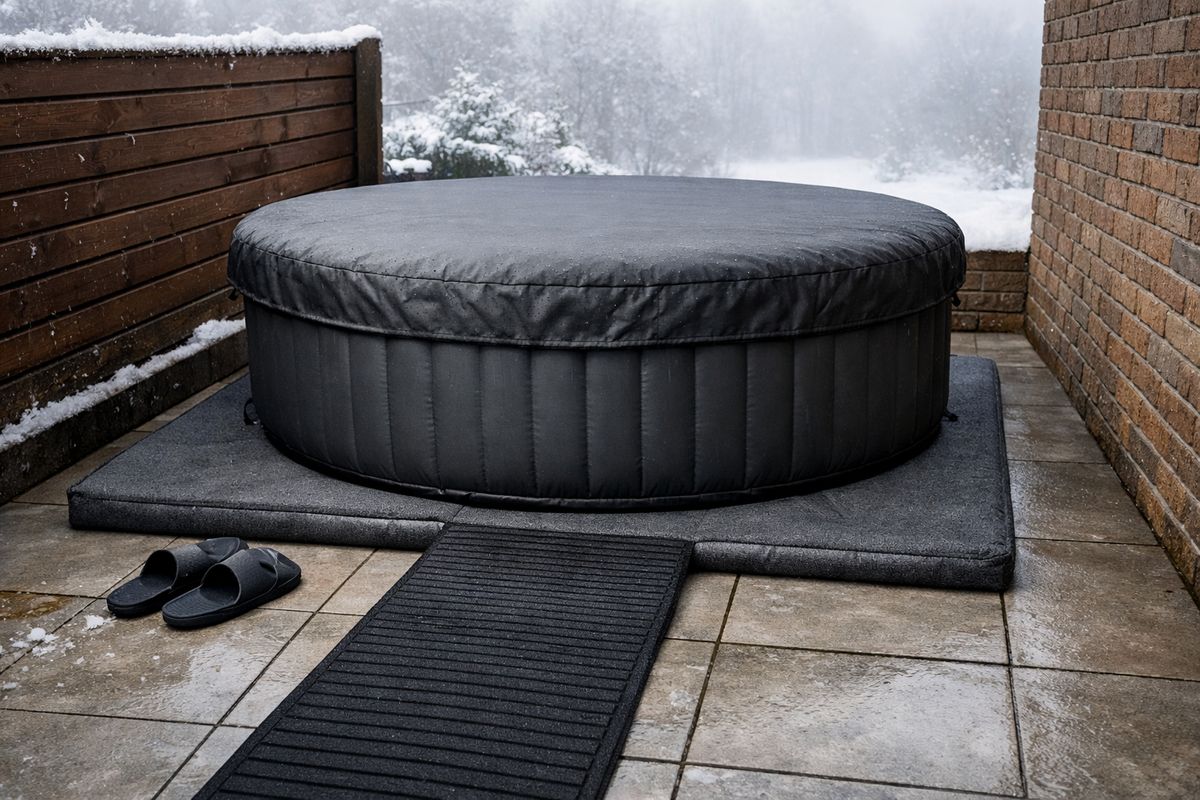 Een opblaasbare jacuzzi op een dikke isolatiemat op een betegeld terras, met een wintercover strak over de rand, sneeuw of koude vochtige lucht op de achtergrond, en een beschutte opstelling naast een muur of schutting; zichtbaar zijn ook droge slippers en een stroef pad naar het bad om veilig in en uit te stappen.