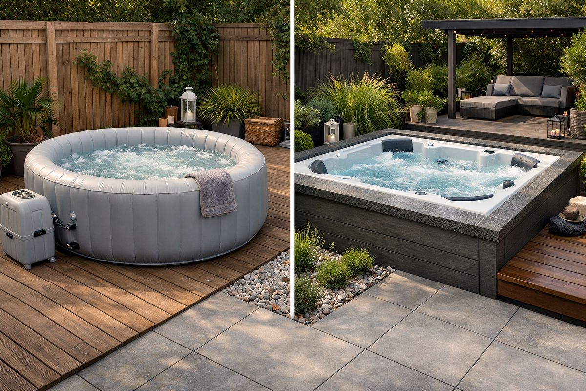 Een vergelijking in een achtertuin met aan de ene kant een opblaasbare jacuzzi met zachte, opgeblazen wanden en eenvoudige pompinstallatie, en aan de andere kant een ingebouwde vaste spa met harde rand, strakkere afwerking en luxe ombouw, beide geplaatst op een verzorgde terrasvloer.