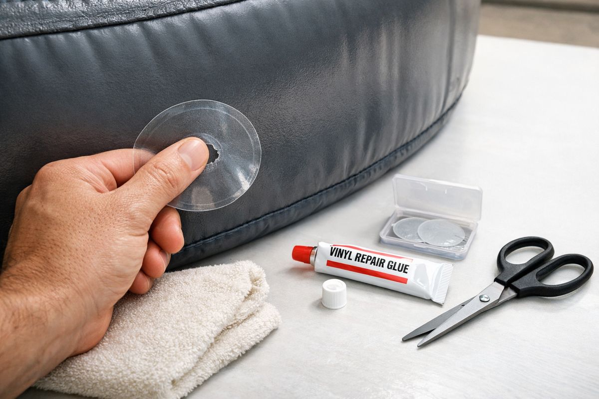 A small inflatable spa repair scene on a clean flat surface, with a patched puncture area on the glossy spa wall, a rounded repair patch being pressed firmly around a tiny hole, a dry towel nearby, and a repair kit with adhesive and scissors laid out beside the spa.