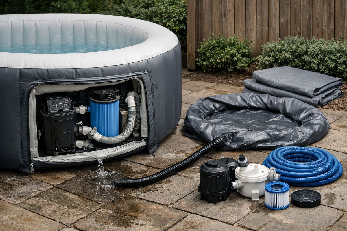 Een opblaasbare jacuzzi met het zijpaneel geopend zodat de pomp, filterslang en aansluitingen zichtbaar zijn, naast een afvoer- en opbergsituatie met leeggelopen kuip, opgerolde slang en droog gereinigde onderdelen klaar voor winteropslag