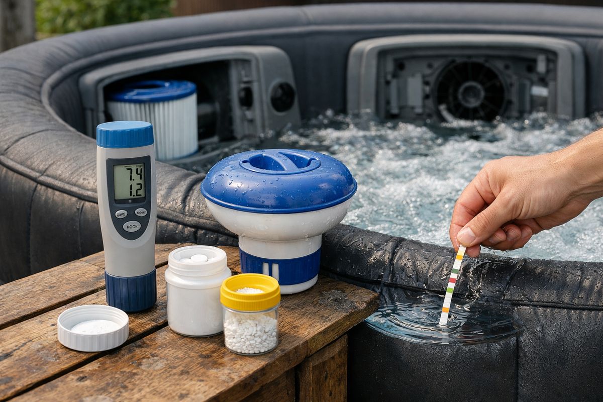 Een close-up van een spa-onderhoudstafel naast een opblaasbare jacuzzi met een teststrip die in het water wordt gehouden, een digitale watermeter, kleine potjes voor chloor of broom, een doseerfloater en de geopende filtercompartimenten van de spa op de achtergrond.
