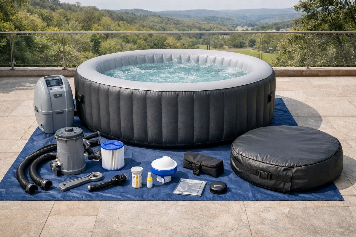 A complete inflatable hot tub set laid out on a terrace, including the tub, filter pump, cover, ground cloth, and control unit beside it, with the accessories arranged clearly around the bath as if ready for installation.