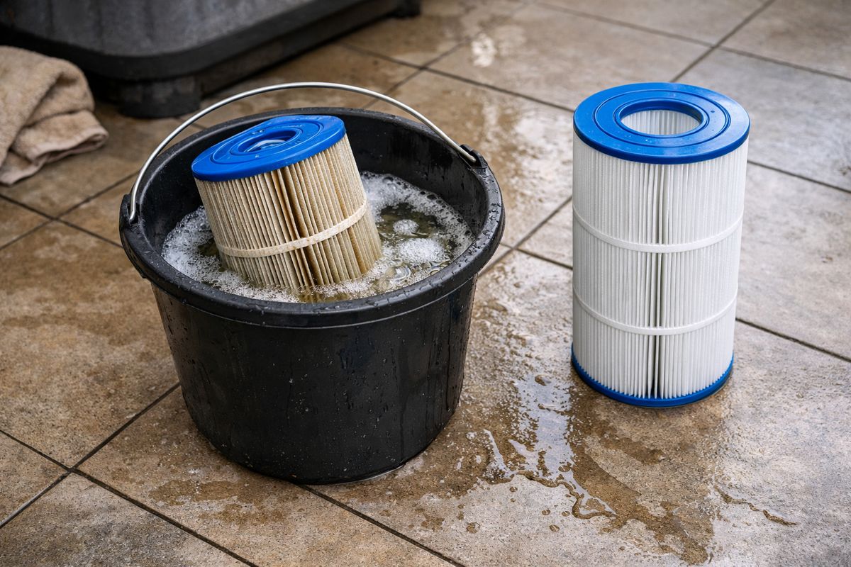 Een uitgenomen spa-filter die in een emmer met warm water en reinigingsoplossing staat te weken, naast een schone reservefilter en een nat spoor op de vloer van het uitnemen en uitspoelen