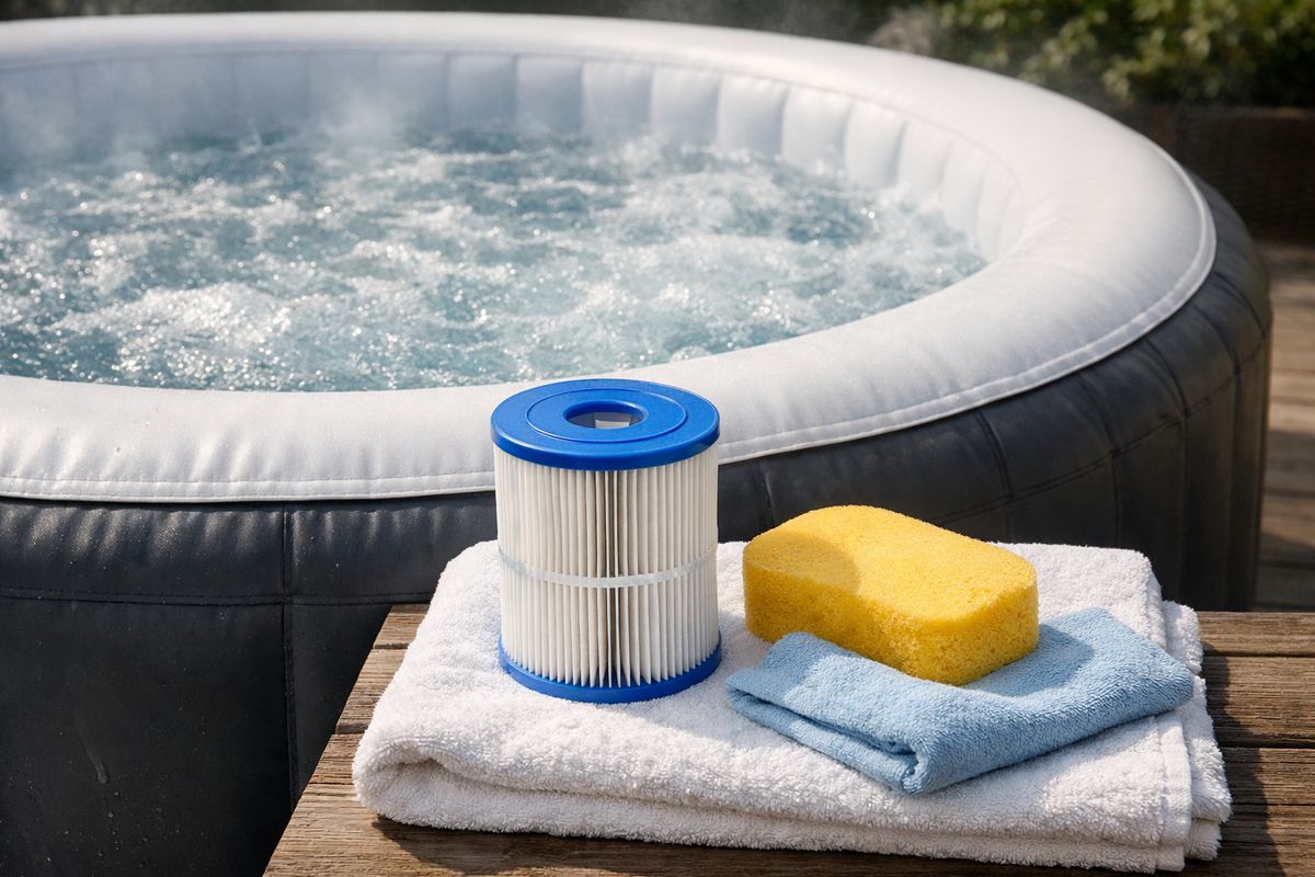 Een schoon ogende opblaasbare spa met helder water, zacht dampende bubbels en een filtermand of filtercartridge die naast de spa ligt op een handdoek, samen met een zachte spons of doek voor het reinigen van de binnenrand en kuip, als beeld van dagelijks onderhoud en minder aanslag.