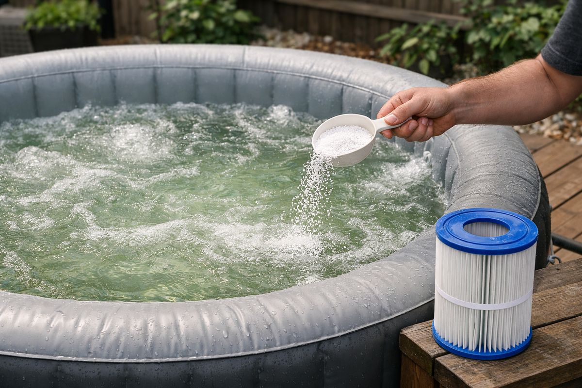 A backyard inflatable jacuzzi with cloudy water and a slightly green tint, the filter cartridge removed and resting beside the spa, while a person uses a scoop to add granules into the water as jets run, illustrating shock treatment and troubleshooting for poor water quality.