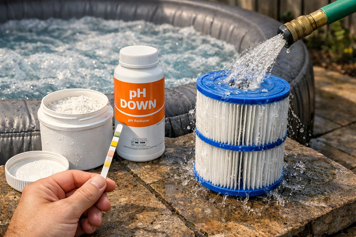 A close-up scene of someone testing spa water beside an inflatable jacuzzi, with a test strip in hand, a small container of chlorine granules and a pH adjustment bottle nearby, and the spa filter cartridge being rinsed under a garden hose next to the tub.