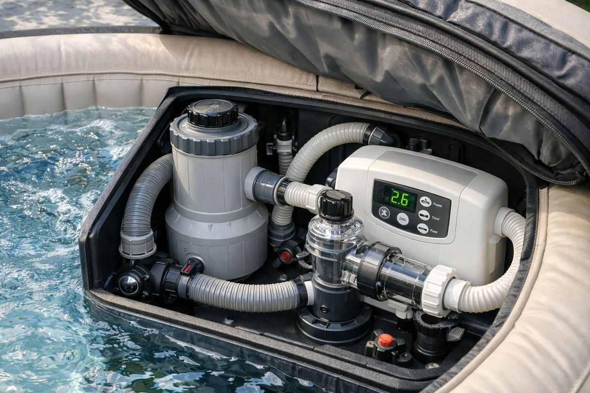 Een close-up van de technische hoek van een opblaasbare jacuzzi met geopende afdekking, waarbij een compacte filterpomp, slangen, een zoutwaterbehandelingsunit en watercirculatie-onderdelen zichtbaar zijn naast helder water in de spa