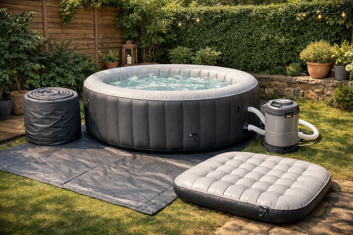 Een compacte opblaasbare jacuzzi naast zijn meegeleverde accessoires: een opgerolde afdekzeil, een los grondzeil, een filterpomp met slangen, en een opblaasbare bodem die deels zichtbaar is, opgesteld in een beschutte achtertuin om te laten zien hoe formaat, isolatie en gebruiksgemak samenkomen.