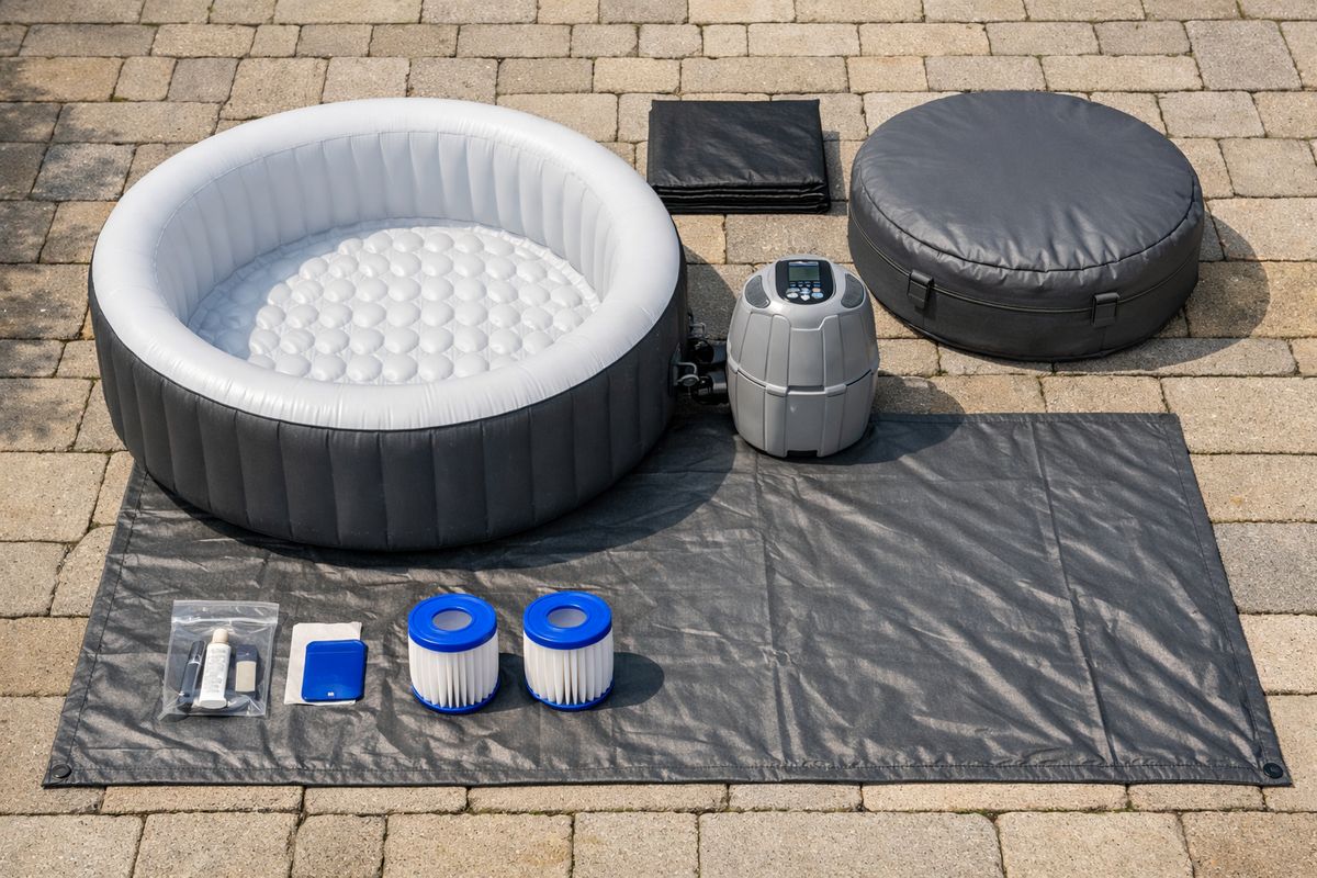 A neatly arranged flat lay of an inflatable jacuzzi package on a patio: the spa body, filter pump, heating pump, ground cloth, cover, repair kit, and spare filter cartridges laid out beside each other in an organized setup on paving stones.