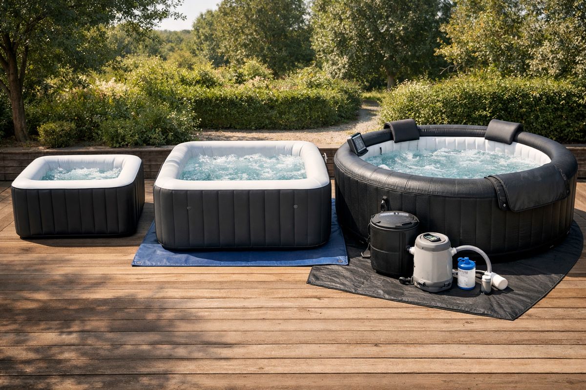 Een opstelling met drie opblaasbare jacuzzi’s naast elkaar op een terras: een compact vierkant model, een groter vierkant model en een luxer uitgevoerd bad met extra accessoires eromheen zoals een afdekzeil, filterpomp, grondzeil en losse pomp, zodat de verschillen in formaat, meegeleverde onderdelen en afwerking duidelijk zichtbaar zijn