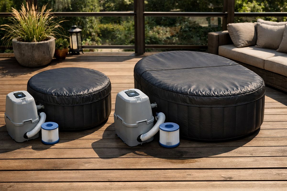 Twee verschillende compacte opblaasbare jacuzzi’s naast elkaar op een terras: een kleinere eenpersoons spa met ronde vorm en een iets ruimere tweepersoons spa met langwerpige vorm, beide met een afdekzeil en aansluitende pomp en filterslang ernaast