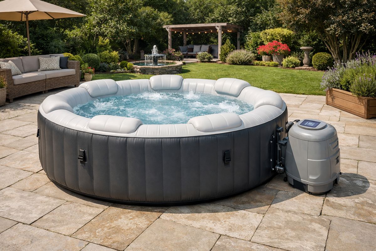 A spacious garden patio with a large six-person inflatable spa filled with water, showing several seat positions around the rim, a connected pump and filter unit, and enough open space around the tub to suggest how much room the setup requires
