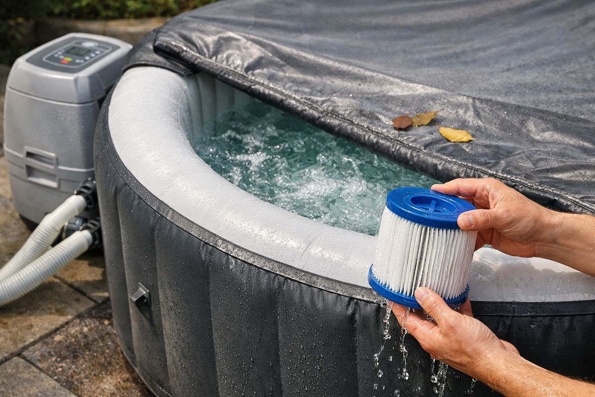 Een close-up van een opblaasbare jacuzzi met de pompunit naast het bad, een uitneembaar filter in de hand van iemand die het schoonmaakt, en een afdekzeil dat half over het water ligt om bladeren en vuil buiten te houden