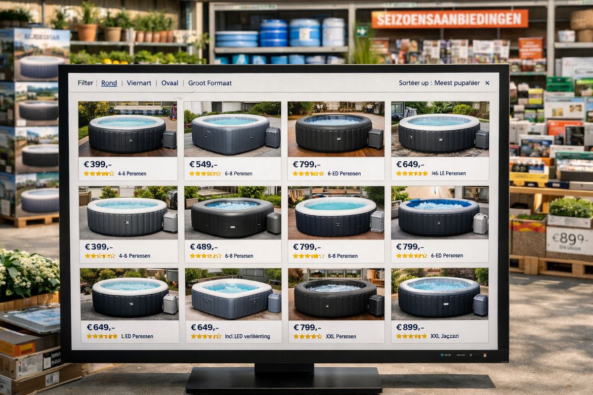 Een grote webshop-achtige productvergelijkingsomgeving op een scherm, met veel kleine producttegels voor opblaasbare jacuzzi's naast elkaar, gefilterd op verschillende vormen en formaten. Op de achtergrond staan een tuinwinkel met opgestapelde spa-dozen, een gespecialiseerde zwembadwinkel met losse filters en afdekzeilen, en een bouwmarktpad met seizoensaanbiedingen voor buitenproducten.