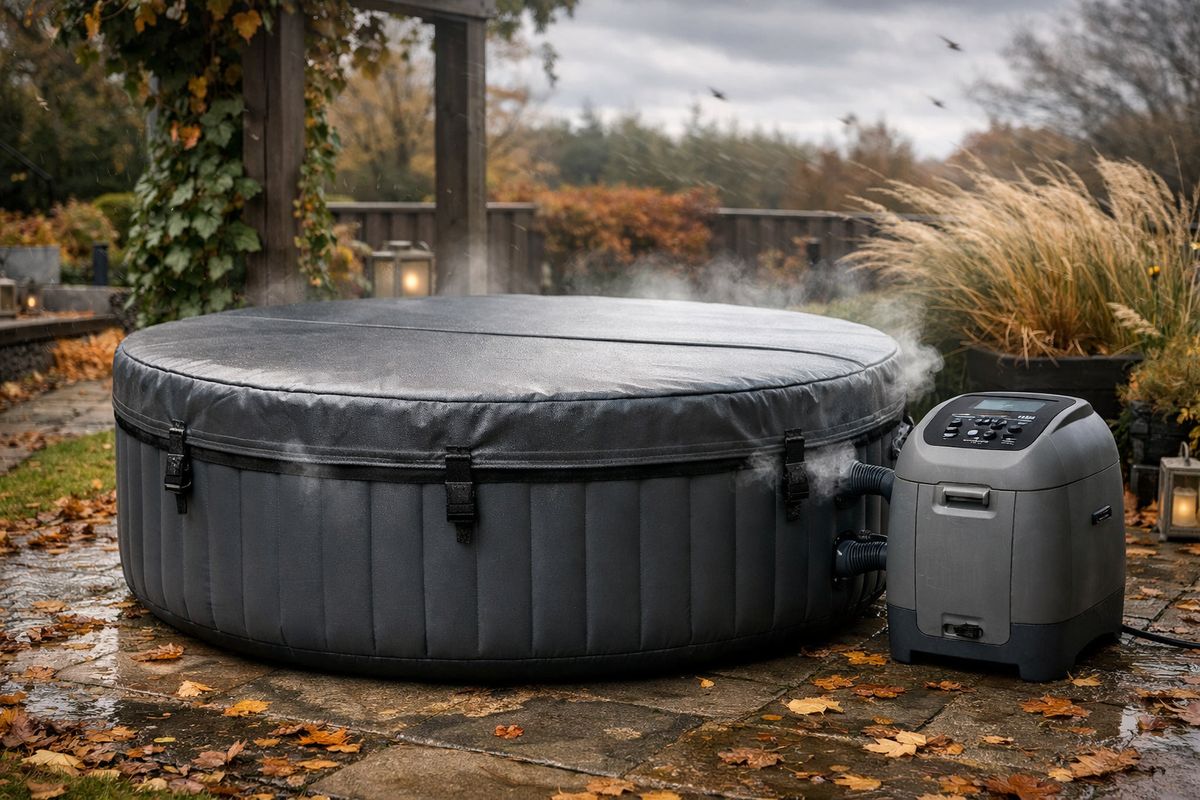 Een opblaasbare jacuzzi in een tuin met de cover stevig gesloten, de pompunit ernaast aangesloten en dampend warm water binnenin, terwijl de omgeving koel en winderig oogt met herfstachtige omstandigheden