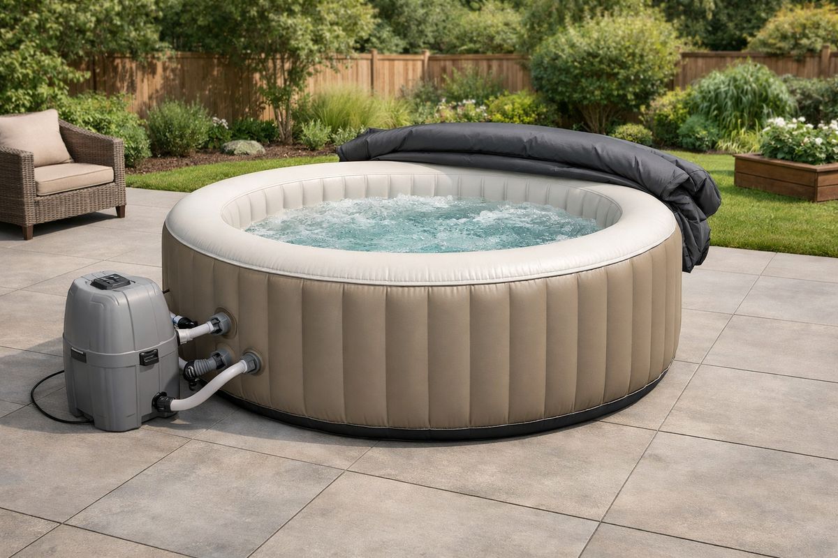 A neatly installed inflatable jacuzzi on a flat patio with the pump connected, hose fittings attached, the cover folded back, and the setup area cleared around the spa, showing an easy plug-and-play installation in a backyard setting