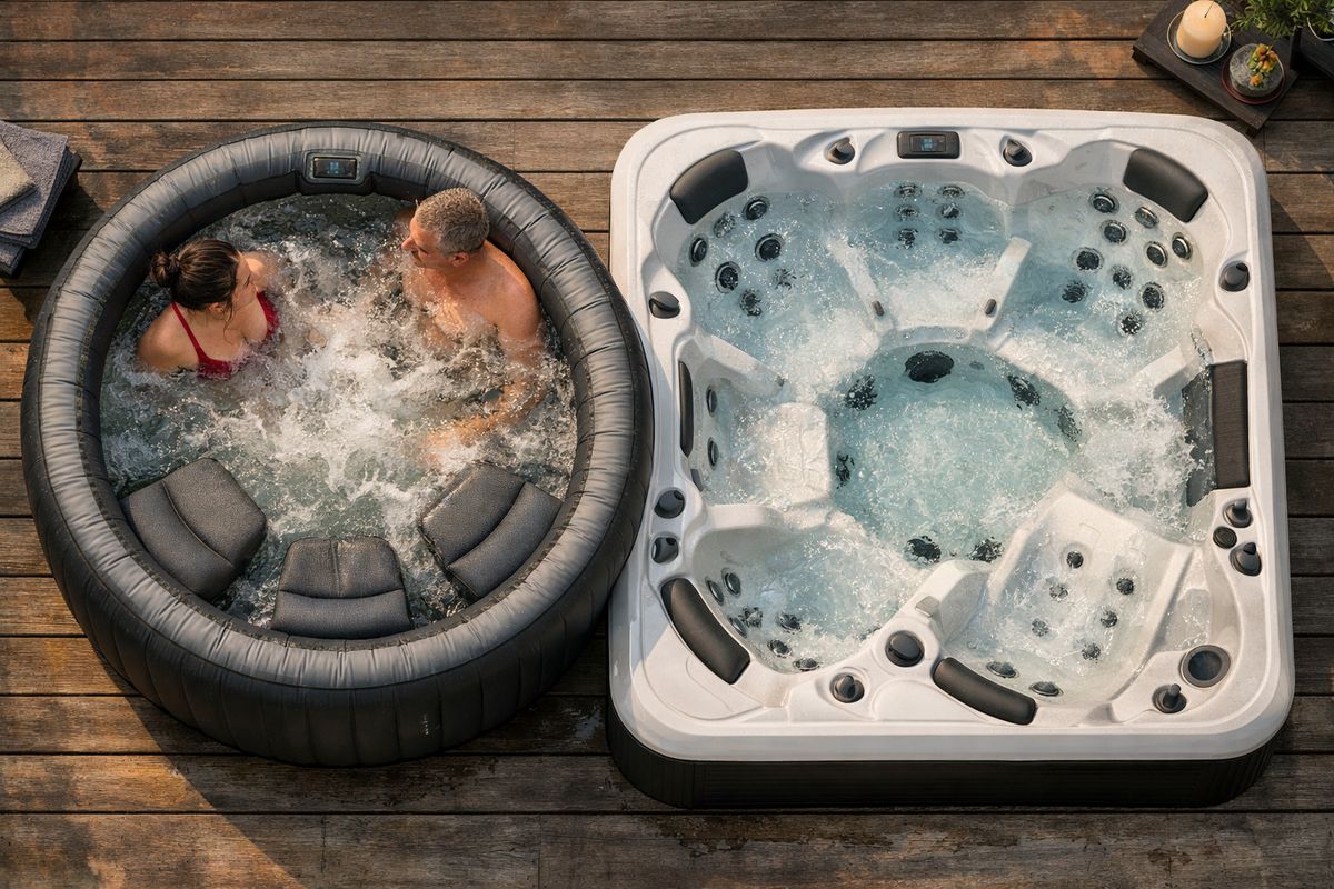 Een bovenaanzicht van een ronde opblaasbare jacuzzi waarin twee tot drie volwassenen ruim kunnen zitten, met nog lege zitplaatsen zichtbaar, naast een tweede grotere spa waar meer zitplaatsen en meer beenruimte te zien zijn