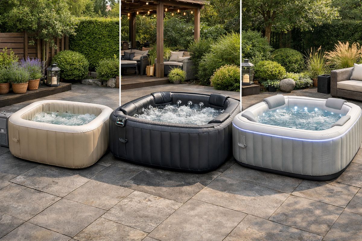 Een vergelijking van drie vierkante opblaasbare jacuzzi’s naast elkaar: een compacte beige spa, een grotere donkergrijze spa met meerdere jets en een luxe wit-grijze spa met zachte verlichting, allemaal opgesteld op een terras in de tuin in verschillende formaten